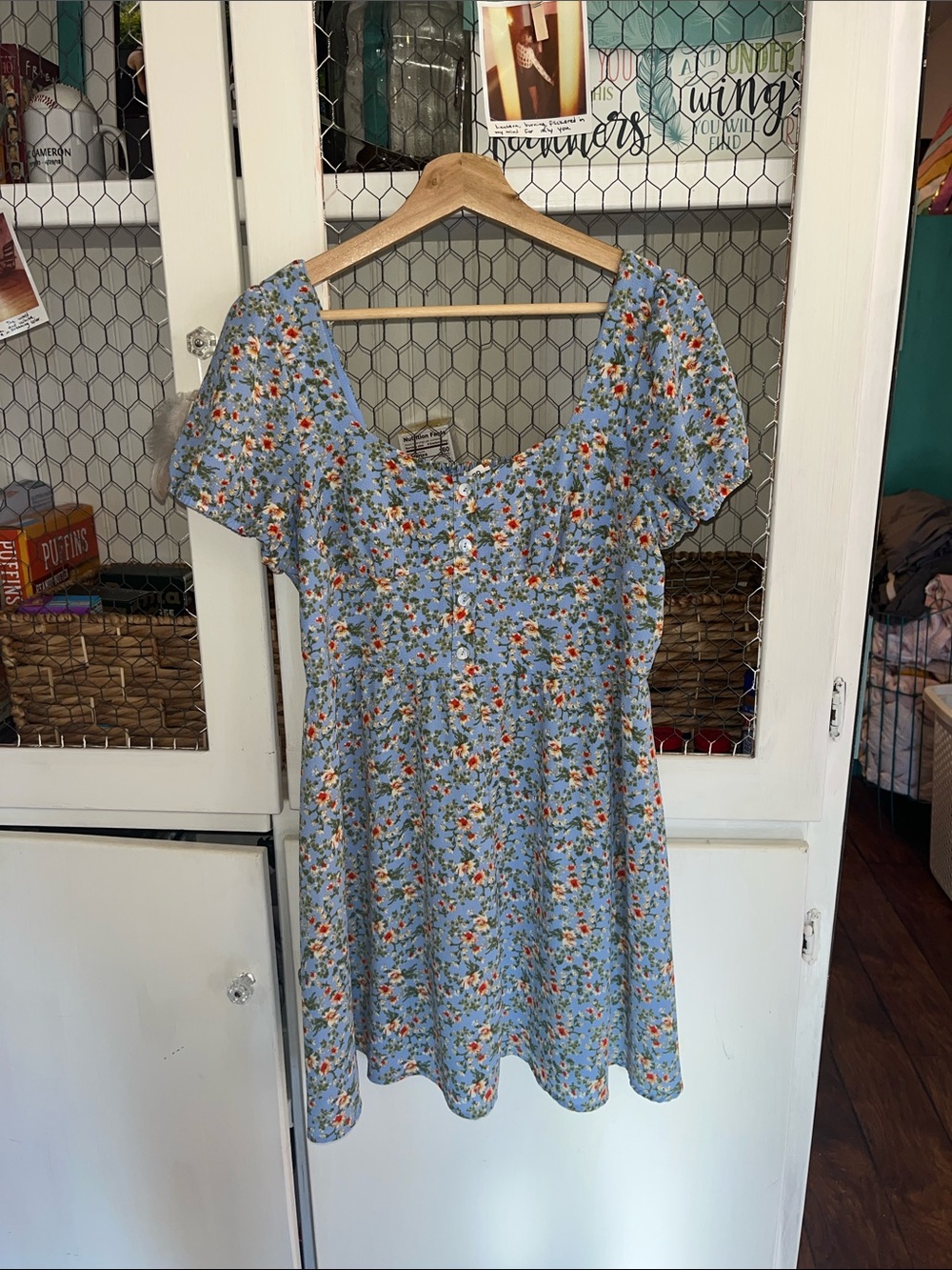bp Light Blue Floral Mini Dress with Puff Sleeves